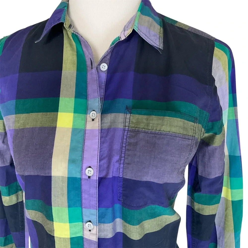 Plaid Long Sleeve Button Front Shirt 100% Cotton Purple Blue Green Women’s M - Picture 3 of 11